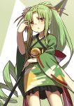  1girl arm_up back_bow bangs bell blush bow brown_eyes eyebrows_visible_through_hair flower flower_knight_girl green_background green_hair green_kimono hair_between_eyes hair_flower hair_ornament hair_ribbon high_ponytail japanese_clothes jingle_bell kimono long_hair long_sleeves looking_at_viewer mizunashi_(second_run) obi parted_bangs parted_lips polearm ponytail red_bow red_ribbon ribbon ribbon-trimmed_sleeves ribbon_trim ringlets sankaku_saboten_(flower_knight_girl) sash short_kimono solo spear sweat two-tone_background very_long_hair weapon white_background white_flower wide_sleeves 