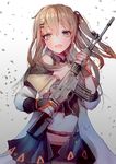  :d assault_rifle bangs blush brown_eyes brown_hair eyebrows_visible_through_hair girls_frontline gradient gradient_background gun hair_between_eyes hanato_(seonoaiko) hand_up holding holding_gun holding_weapon k-2_(girls_frontline) long_hair looking_at_viewer navel open_mouth rifle smile solo weapon 