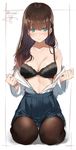  3: artist_name bangs black_bra blush bra breasts brown_hair brown_legwear cleavage closed_mouth eyebrows_visible_through_hair full_body green_eyes highres isshiki_(ffmania7) long_hair looking_at_viewer medium_breasts open_clothes open_shirt original pantyhose pantyhose_under_shorts pleated_skirt seiza shirt simple_background sitting skirt solo twitter_username underwear undressing 