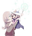  brown_hair dress hair_over_one_eye hat kagari_atsuko little_witch_academia long_hair multiple_girls pale_skin pink_hair purple_hair red_eyes simple_background smile sucy_manbavaran witch younger 