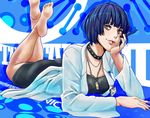  1girl aiyukii4s bare_legs barefoot blue_hair brown_eyes choker collar dress eyebrows eyebrows_visible_through_hair feet holding jewelry labcoat long_sleeves looking_at_viewer lying makeup nail_polish necklace on_stomach pen persona persona_5 short_hair studded_collar takemi_tae toes 