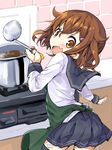  :d apron bad_anatomy bad_hands black_legwear black_skirt brown_eyes brown_hair darkside fang green_apron hair_between_eyes ikazuchi_(kantai_collection) kantai_collection ladle long_sleeves open_mouth pleated_skirt school_uniform serafuku short_hair skirt smile solo thighhighs 