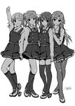  4girls ;d arashio_(kantai_collection) arm_up arms_behind_back asashio_(kantai_collection) belt bow clenched_hand commentary dated dress full_body furrowed_eyebrows greyscale hair_bow hair_ribbon hand_on_another's_shoulder high_heels highres kantai_collection kneehighs kobayashi_chisato long_hair long_sleeves looking_at_viewer michishio_(kantai_collection) monochrome multiple_girls one_eye_closed ooshio_(kantai_collection) open_mouth pantyhose parted_lips pinafore_dress pleated_dress raised_fist remodel_(kantai_collection) ribbon school_uniform side_ponytail simple_background sketch smile thighhighs twintails two-tone_background white_background zettai_ryouiki 