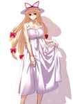  absurdres alternate_costume bangs blonde_hair blush bow breasts cleavage closed_mouth commentary_request cowboy_shot dress hair_bow hat hat_ribbon hayama_kazusa highres large_breasts long_hair looking_at_viewer red_bow red_eyes red_ribbon ribbon smile solo sundress touhou very_long_hair white_dress white_hat yakumo_yukari 
