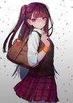  :&lt; alternate_costume bangs blunt_bangs blush closed_mouth cowboy_shot eyebrows_visible_through_hair from_side girls_frontline gradient gradient_background hanato_(seonoaiko) hand_up long_hair looking_at_viewer one_side_up plaid plaid_skirt purple_eyes purple_hair purple_skirt school_uniform skirt sleeves_rolled_up solo sweater_vest tsurime wa2000_(girls_frontline) 