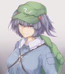  alder backpack bag blue_eyes blue_hair breasts closed_mouth green_hat hair_bobbles hair_ornament hat kawashiro_nitori key large_breasts long_sleeves looking_at_viewer short_twintails smile solo touhou twintails upper_body 