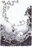  absurdres coral dated fish greyscale headwear_removed helmet helmet_removed highres ian_samson ink_(medium) mermaid monochrome monster_girl octopus robot rockman rockman_9 school_of_fish smile solo splash_woman traditional_media treasure_chest underwater 