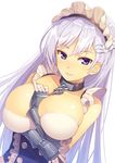  azur_lane belfast_(azur_lane) blue_eyes blue_hair braid breasts chain cleavage collar collarbone commentary_request french_braid gauntlets kibanda_gohan large_breasts long_hair looking_at_viewer maid maid_headdress parted_lips silver_hair simple_background smile solo white_background 