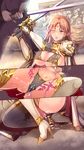  blonde_hair blue_eyes breasts cape elf high_heels highres large_breasts long_hair original pointy_ears sasana thighhighs underboob weapon 