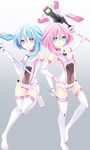  absurdres bare_shoulders blue_eyes blue_hair blush elbow_gloves gloves highres long_hair looking_at_viewer multiple_girls neptune_(series) open_mouth pink_hair power_symbol ramu-on@_shinon smile staff symbol-shaped_pupils white_sister_ram white_sister_rom 