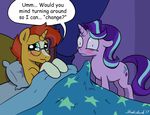  2017 bed blush covering dialogue english_text equine erection eyewear friendship_is_magic glasses horn mammal morning_wood my_little_pony starlight_glimmer_(mlp) strebiskunk sunburst_(mlp) text unicorn 