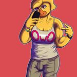  2017 avian big_breasts bird breasts bulge clothing crisis-omega duckface feathers female freckles intersex makeup muscle_bird muscular muscular_female muscular_intersex owo phone pink_eyes selfie simple_background yellow_feathers 