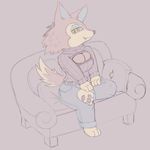  2017 animal_crossing breasts canine cleavage clothed clothing crossed_legs cute_fangs female freya_(animal_crossing) hi_res keyhole_turtleneck looking_at_viewer mammal nintendo pants paws pillow salaciouslx simple_background sitting sketch sofa solo sweater video_games wolf 