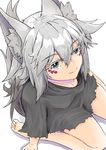  akasha_(syakoba) animal_ears borrowed_character commentary_request facepaint grey_eyes grey_hair looking_at_viewer original simple_background sitting smile tail torn_clothes wariza white_background wolf_ears wolf_tail zooanime 