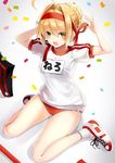  adjusting_hair ahoge amahara_pekozaemon arm_behind_head arms_up bangs blonde_hair blush braid breasts buruma character_name confetti eyebrows_visible_through_hair fate/grand_order fate_(series) french_braid from_above green_eyes gym_shirt gym_uniform hair_between_eyes hair_bun hair_intakes hairband looking_at_viewer medium_breasts name_tag nero_claudius_(fate) nero_claudius_(fate)_(all) olympian_bloomers open_mouth red_buruma round_teeth shirt shoes short_hair short_sleeves sitting sneakers socks solo t-shirt teeth wariza white_legwear 