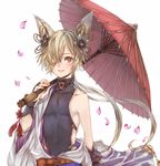  animal_ears backless_outfit brown_eyes elbow_gloves erune fox_ears gloves granblue_fantasy hair_ornament hair_over_one_eye kou_(granblue_fantasy) long_hair male_focus off_shoulder open_mouth ponytail smile umbrella very_long_hair 