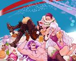  2boys abs barefoot biscuit black_hair blue_eyes bodysuit boots breasts brother_and_sister brothers cake charlotte_cracker charlotte_katakuri charlotte_smoothie cleavage cup curly_hair doughnut food fur_trim gloves hair_over_one_eye highres juice juice_box large_breasts living_(pixiv5031111) long_hair multiple_boys one_piece pillow purple_eyes purple_hair scar scarf scarf_over_mouth shirtless siblings sitting tattoo teacup teapot teeth 