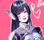  alternate_eye_color alternate_hair_color animal_print bangs blue_bodysuit bodysuit breasts bunny_print character_name d.va_(overwatch) facepaint facial_mark flat_color head_tilt headphones heart high_collar highres lips lonely_(3296659205) long_hair looking_at_viewer medium_breasts outline overwatch parted_lips pilot_suit pink_background pink_lips portrait purple_eyes purple_hair ribbed_bodysuit shoulder_pads simple_background skin_tight smile solo swept_bangs whisker_markings 