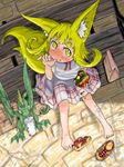  animal_ears bag bangs barefoot bench between_toes blonde_hair blush bright_pupils child commentary_request creature cup day doitsuken dress drinking_straw eating food food_in_mouth foot_hold fox_child_(doitsuken) fox_tail from_above hamburger hand_up highres looking_at_viewer multiple_tails neck_ribbon no_socks original outdoors red_neckwear red_ribbon ribbon sandals sandals_removed shoe_dangle short_eyebrows short_hair short_sleeves sipping sitting tail thick_eyebrows thumb_sucking two_tails white_dress yellow_eyes 