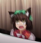  :d angry animal_ears bangs blurry bow bowtie cat_ears chen earrings eyebrows_visible_through_hair fangs frills green_hat hat hater_(hatater) indoors jewelry looking_up meme mob_cap motion_blur open_mouth parody photo-referenced red_vest shelf shirt short_hair smile solo touhou upper_body v-shaped_eyebrows vest white_bow white_neckwear white_shirt 