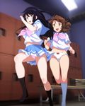  ahoge ass_visible_through_thighs bare_legs bench black_hair blue_skirt blush bow bow_panties brown_eyes brown_hair ceiling_light groin hibike!_euphonium highres indoors kneehighs kousaka_reina leg_up locker locker_room long_hair looking_at_viewer multiple_girls navel neckerchief no_pants no_shoes open_mouth oumae_kumiko panties pink_neckwear pink_panties pleated_skirt purple_eyes red_bow round_teeth sbel02 school_uniform serafuku shirt short_hair short_sleeves skirt standing standing_on_one_leg tareme teeth underwear white_panties white_shirt 