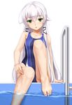  altina_orion arm_at_side bangs bare_arms bare_legs bare_shoulders barefoot black_ribbon blush breasts chestnut_mouth competition_swimsuit eiyuu_densetsu eto eyebrows_visible_through_hair green_eyes hair_ribbon highres knee_up long_hair looking_at_viewer md5_mismatch one-piece_swimsuit open_mouth partially_underwater_shot pool_ladder poolside ribbon sen_no_kiseki sen_no_kiseki_2 silver_hair simple_background small_breasts soaking_feet solo swimsuit toenails toes very_long_hair water white_background 
