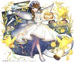  :d blue_eyes braid brown_hair cake cherub dress elbow_gloves food full_body gloves halo hat long_hair looking_at_viewer mob_cap official_art open_mouth plate shirako_miso shoumetsu_toshi_2 smile solo teapot white_dress white_footwear white_wings wings 