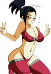  1girl alone ass black_eyes black_hair blush bra breasts cleavage curvy dragon_ball dragon_ball_super embarrassed english_text female highers hips kale_(dragon_ball) kneeling large_breasts navel panties peace_sign ponytail saiyan simple_background solo spiky_hair stockings stomach thick_thighs thighs white_background 