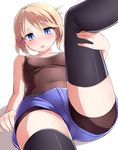  blonde_hair blue_eyes blush commentary_request folded_ponytail hair_between_eyes hand_on_leg highres leg_up lying neit_ni_sei on_back open_mouth original pala_bergsson shadow shiny shiny_skin shorts sleeveless solo tank_top thighhighs thighs trembling white_background 