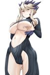  artoria_pendragon_(all) artoria_pendragon_(lancer_alter) blonde_hair blush breasts cleavage closed_mouth cowboy_shot fate/grand_order fate_(series) frown horns large_breasts looking_at_viewer michihasu navel no_panties short_hair simple_background solo stomach underboob white_background yellow_eyes 