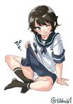  ;d bad_id bad_twitter_id bangs black_eyes blue_skirt blush brown_hair brown_legwear ebifurya eyebrows_visible_through_hair full_body highres inactive_account kantai_collection lifted_by_self looking_at_viewer miyuki_(kantai_collection) no_shoes one_eye_closed open_mouth panties pleated_skirt school_uniform serafuku short_hair short_sleeves simple_background sitting skirt skirt_lift smile socks solo twitter_username underwear white_background white_panties 