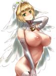  bangs blush breasts bridal_veil chain chain_necklace fate/extra fate/extra_ccc fate_(series) gloves green_eyes hayama_kazusa highres large_breasts lock looking_at_viewer nero_claudius_(bride)_(fate) nero_claudius_(fate) nero_claudius_(fate)_(all) nipples padlock padlocked_collar thighhighs veil 