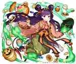  candy cookie crown cupcake food food_themed_hair_ornament hair_ornament hair_rings hand_on_own_cheek holding holding_food jack-o'-lantern japanese_clothes jewelry kimono licking_lips lollipop long_hair looking_at_viewer necklace official_art pumpkin pumpkin_hair_ornament purple_eyes purple_hair shirako_miso shoumetsu_toshi_2 solo sweets tongue tongue_out very_long_hair watermark wide_sleeves wrapped_candy 