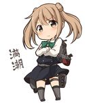  brown_hair chibi commentary crossed_arms double_bun dress kantai_collection long_hair looking_at_viewer machinery michishio_(kantai_collection) pinafore_dress pleated_dress remodel_(kantai_collection) school_uniform silver_eyes simple_background solo tobi_(nekomata_homara) translated turret white_background 