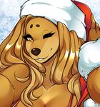  2017 anthro canine cherrikissu christmas dog dogmom female hair hat holidays long_hair looking_at_viewer mammal one_eye_closed saluki santa_hat selfie smile snowflake solo wink yellow_eyes 