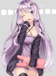  blush bunny_pillow dress hair_ornament hairpin hand_over_face highres jacket long_hair narumiyaaz off_shoulder one_eye_closed open_clothes open_jacket purple_dress purple_eyes purple_hair sleepy solo strapless strapless_dress tears tube_dress very_long_hair vocaloid voiceroid yawning yuzuki_yukari 