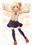  :d alternate_costume black_skirt blonde_hair cardigan contemporary fang full_body hair_ribbon highres open_mouth outstretched_arms red_eyes ribbon rumia short_hair skirt smile spread_arms teoi_(good_chaos) touhou 