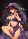  absurdres alternate_costume armlet bangs bare_shoulders breasts card commentary cowboy_shot fate/grand_order fate_(series) highres large_breasts long_hair looking_at_viewer navel parted_lips pelvic_curtain purple_hair red_eyes scathach_(fate)_(all) scathach_(fate/grand_order) smile solo stomach thighlet veil youl 