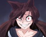  animal_ears black_background brown_hair collarbone commentary_request crazy_smile gesugao grin hakuro109 highres imaizumi_kagerou long_hair looking_at_viewer nose pink_eyes portrait shiun'in_sora smile solo teeth touhou uneven_eyes wolf_ears yuu-gi-ou yuu-gi-ou_arc-v 