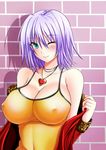  ;) bare_shoulders black_cat_(series) blue_hair blush breasts cleavage cless_(tamaota) closed_mouth collarbone commentary_request covered_navel covered_nipples fur_trim green_eyes heart heart_necklace impossible_clothes jacket large_breasts looking_at_viewer off_shoulder one_eye_closed red_jacket rinslet_walker short_hair smile solo upper_body 