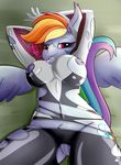  2017 anthro areola breasts chest_tuft clothing costume equine erect_nipples eyebrows feathered_wings feathers female friendship_is_magic hair hi_res huckser long_hair looking_at_viewer lying mammal marvel multicolored_hair my_little_pony nipples pegasus pubes purple_eyes pussy rainbow_dash_(mlp) rubber simple_background solo spider-gwen spread_wings thick_thighs torn_clothing tuft wings 