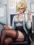  alternate_costume black-framed_eyewear black_skirt blonde_hair blue_eyes breasts brown_legwear chair clipboard crossed_legs doctor door earrings fingernails garter_straps glasses hand_up high-waist_skirt highres holding indoors jewelry labcoat lace lace-trimmed_thighhighs large_breasts long_sleeves looking_at_viewer mercy_(overwatch) overwatch parted_lips pen pink_lips ponytail realistic sciamano240 signature sitting skirt smile solo stethoscope thighhighs unbuttoned watch wristwatch 