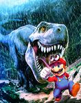  animal blue_eyes brown_hair cappy_(mario) crossover dinosaur facial_hair genzoman hat jurassic_park mario mario_(series) mustache night overalls parody rain short_hair super_mario_bros. super_mario_odyssey tyrannosaurus_rex 