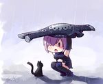  :o armor arms_up black_cat black_footwear black_gloves black_legwear boots carrying_overhead cat chibi elbow_gloves fate/grand_order fate_(series) gloves hair_over_one_eye langbazi mash_kyrielight navel navel_cutout outdoors purple_eyes purple_hair rain shield short_hair signature solo thigh_boots thighhighs 