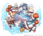  :d arm_warmers baozi black_footwear blue_eyes blue_hair bowl bun_cover chair double_bun dress dumpling food full_body holding holding_tray long_hair looking_at_viewer official_art open_mouth paper_balloon rice_bowl shirako_miso shoumetsu_toshi_2 smile solo spoon standing table tray twintails watermark 