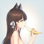  animal_ears atago_(azur_lane) azur_lane banana black_hair bow breasts chi_yei commentary_request extra_ears food fox_ears fruit hair_bow hair_ribbon holding large_breasts licking long_hair looking_at_viewer looking_to_the_side mole mole_under_eye nude ribbon sexually_suggestive simple_background solo tongue tongue_out yellow_eyes 