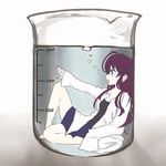  beaker blue_eyes bubble earrings fingernails highres ichinose_shiki idolmaster idolmaster_cinderella_girls in_container jewelry labcoat long_hair nail_polish open_mouth purple_hair skirt solo stud_earrings submerged 