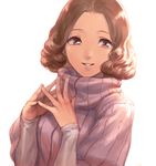  brown_eyes brown_hair commentary hands_together nekobayashi_(nekoforest) okumura_haru persona persona_5 pink_sweater ribbed_sweater smile solo steepled_fingers sweater turtleneck turtleneck_sweater 