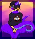  2017 anthro black_hair blonde_hair blue_eyes blue_scales blush butt claws clothed clothing crystalvapor digital_media_(artwork) dragon feet girly hair looking_at_viewer male nico_vera panties purple_scales scales simple_background sitting sitting_on_legs solo sweater tongue tongue_out underwear yellow_tongue 
