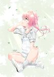  artist_name blush collarbone crossed_legs falling_leaves hand_on_own_cheek leaf looking_to_the_side murio nana_asta_deviluke overalls pink_eyes pink_hair shirt sitting smile solo striped striped_shirt to_love-ru twintails 